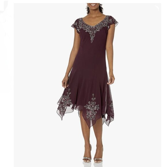 J Kara Flutter Sleeve Hanky Hem Short Cocktail Beaded Dress NWT Sz18 - Picture 4 of 12